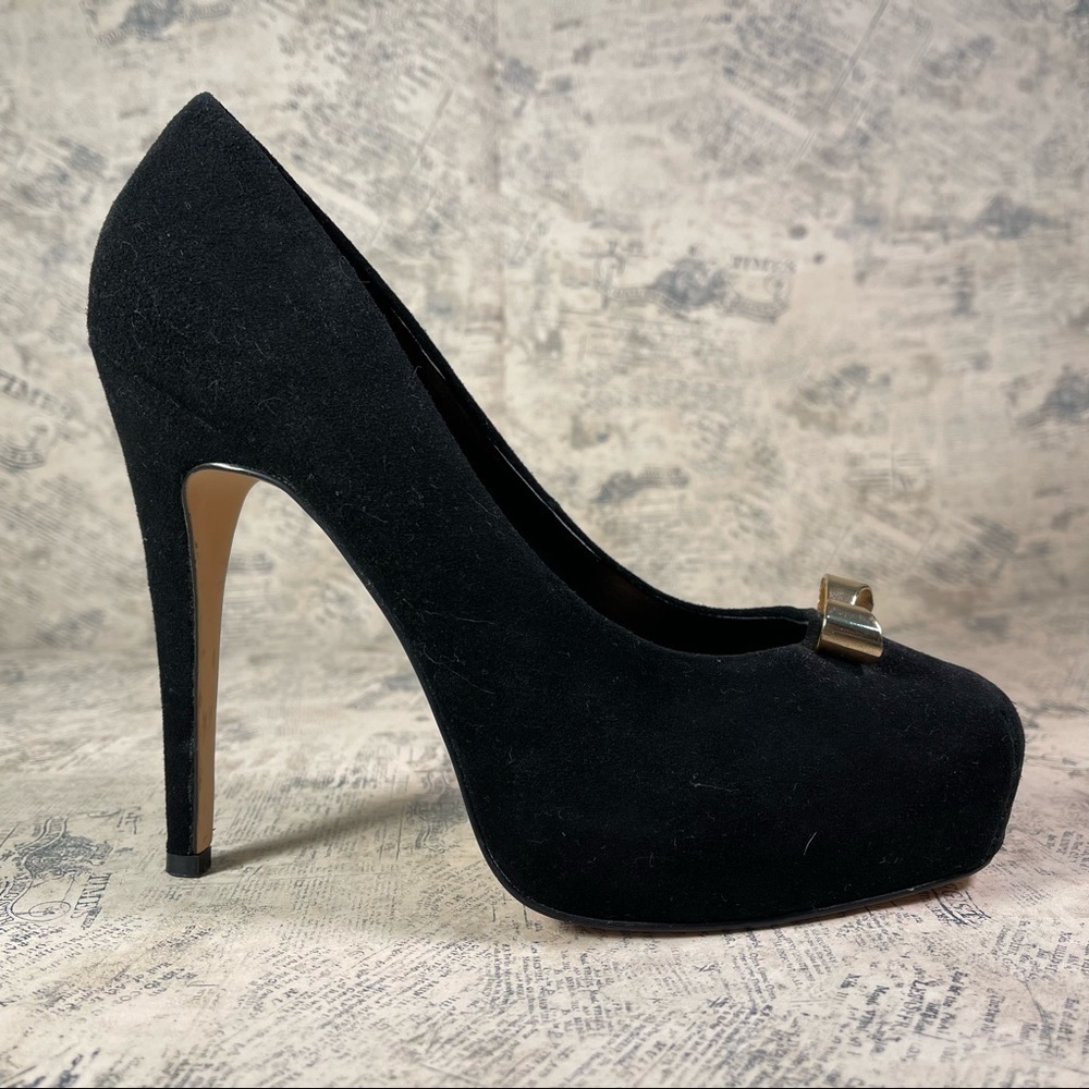 Dolce Vita Black Suede Platform Pumps Gold Bow Heels Statement Party Shoes